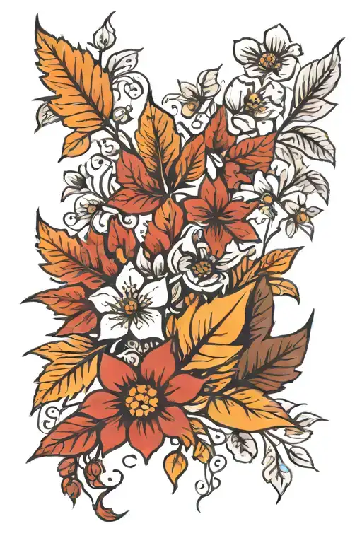 autumn leaves and flowers tattoo design idea