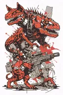 cat under dinosaurs gun shooting tattoo design idea