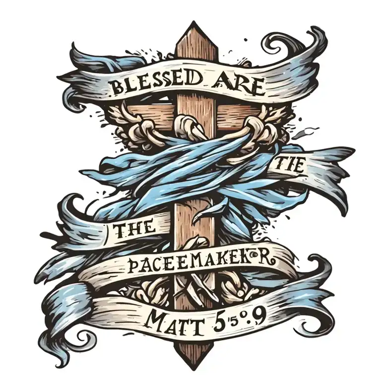 Cross with ""Blessed are the peacemakers" written on a blue banner draped on the cross.  Mat 5:9 written underneath tattoo design idea