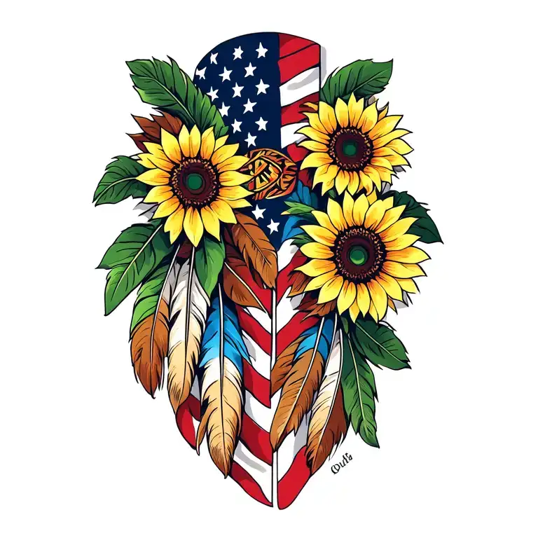 American flag flowers sunflowers Cherokee Indian flag Cherokee feathers tattoo design idea