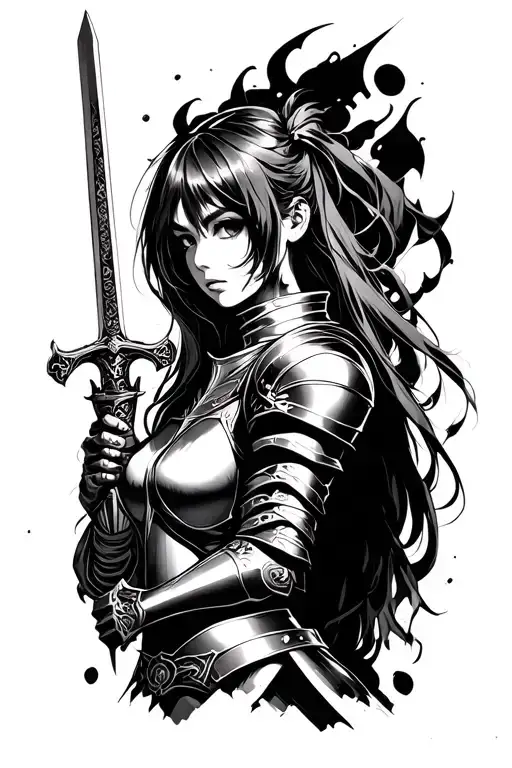 female anime knight holding a sword with cyber sigilism as background tattoo design idea