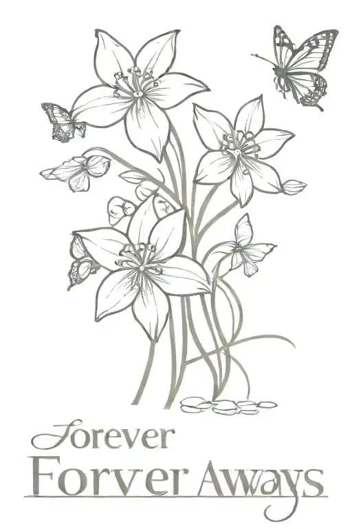 the words "forever and always" surrounded by small butterflies and daffodil flowers.  tattoo design idea