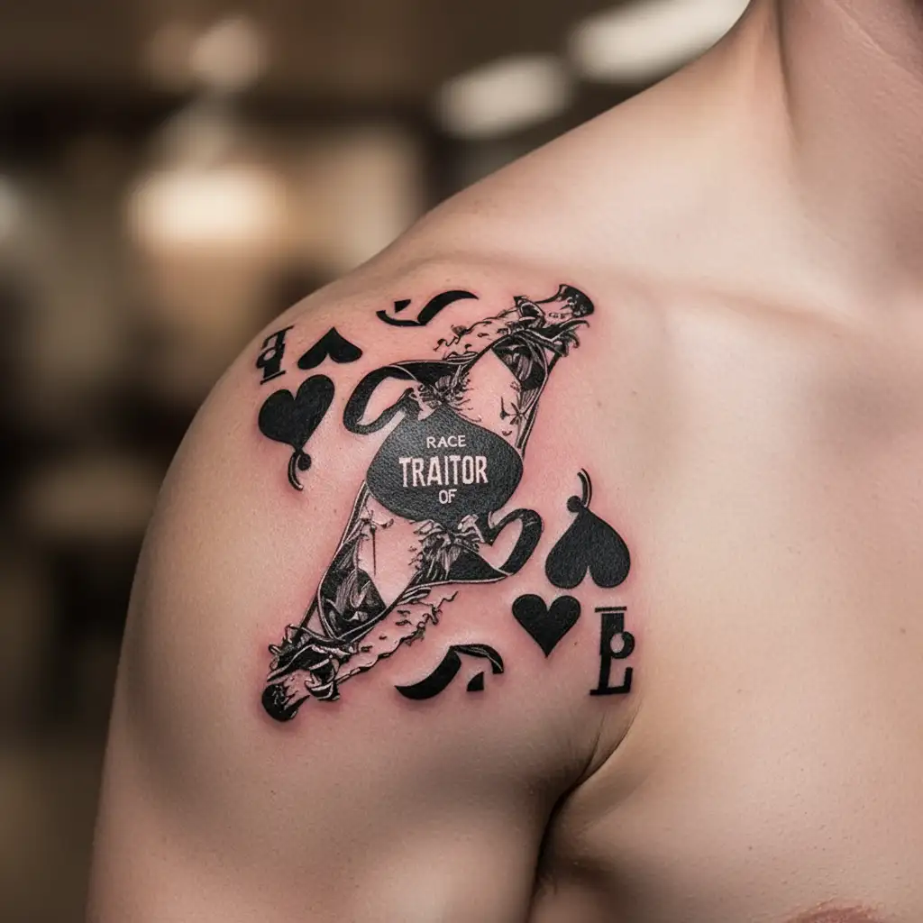 race traitor text black and white simplistic bold rectangle bnwo queen of spades tattoo design idea