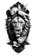 Vertical integration of a half-face lion, a koi fish, and a lotus flower. tattoo design idea