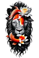 Vertical integration of a half-face lion, a koi fish, and a lotus flower. tattoo design idea
