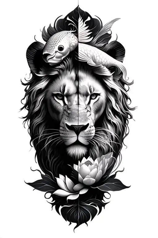 Vertical integration of a half-face lion, a koi fish, and a lotus flower. tattoo design idea