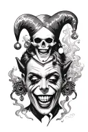 creepy jester with earrings, skulls and smoke coming tattoo design idea