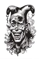 creepy jester with earrings, skulls and smoke coming tattoo design idea