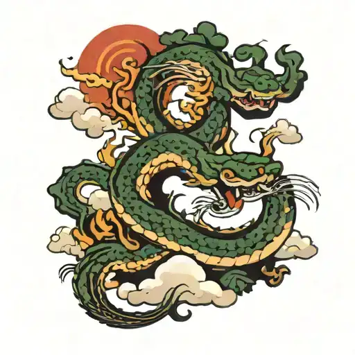 Phoenix rising with clouds and snake wrapped around bonsai tree tattoo design idea