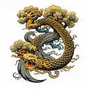 Phoenix rising with clouds and snake wrapped around bonsai tree tattoo design idea