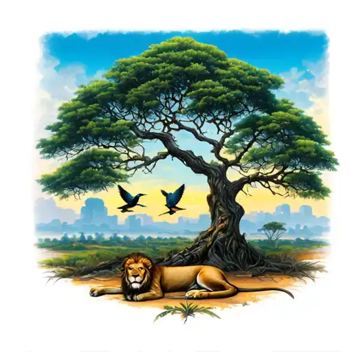 African tree of life tattoo design featuring an African skyline with birds and lion laying on the ground in a fierce way tattoo design idea