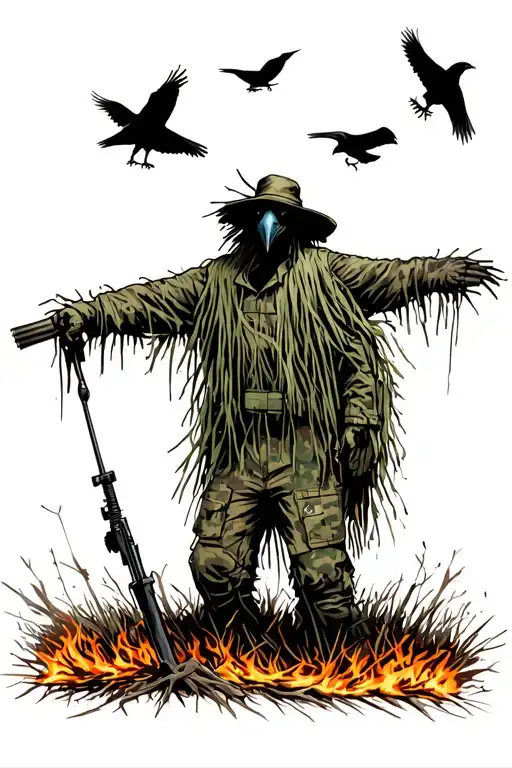 scrarecrow in a sniper ghillie suit in a burnt field. crows are flying by. the scarecrow seems to have have soul. tattoo design idea