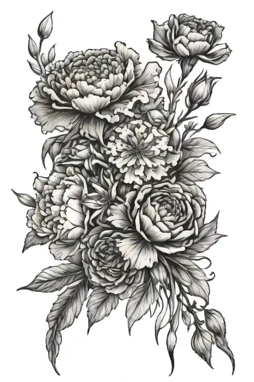bouquet of carnations, snowdrops, crysanthemums, delphinium and water lilys tattoo design idea