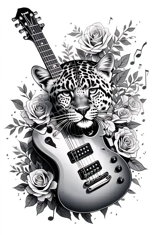 leopard with a metal guitar intertwined with roses and music notes tattoo design idea
