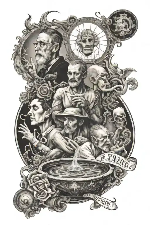 an image consisting of 4 overlapping symbolic images of a free man, youthfulness, spiritualism and Mimer's well  tattoo design idea