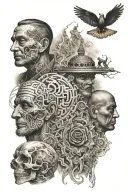 an image consisting of 4 overlapping symbolic images of a free man, youthfulness, spiritualism and Mimer's well  tattoo design idea