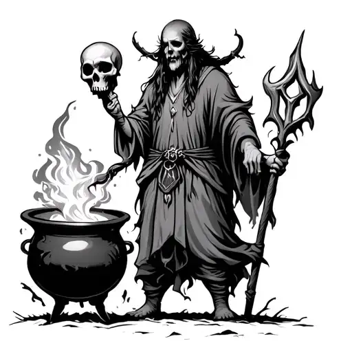 a creepy druid is standing over a cauldron holding a magic staff with a skull on top, the skull on the staff and bubblin tattoo design idea