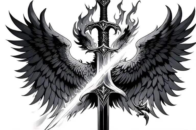 flaming sword with phoenix wings spread wide tattoo design idea