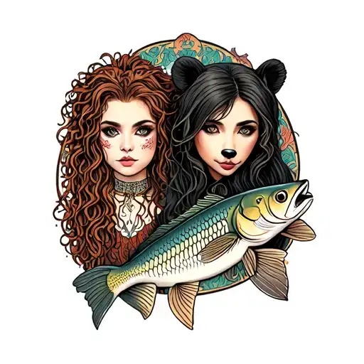 the words bellatrix and Dusti with a fish and bear  tattoo design idea