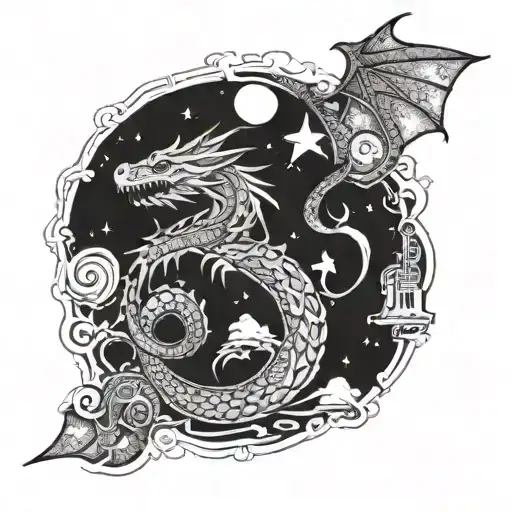 A dragon composing music under a starlit sky filled with philosophical quotes tattoo design idea