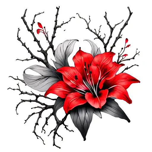 Tattoo on the whole leg, for a girl, spider lily and twigs, in black red color. Japanese style tattoo design idea