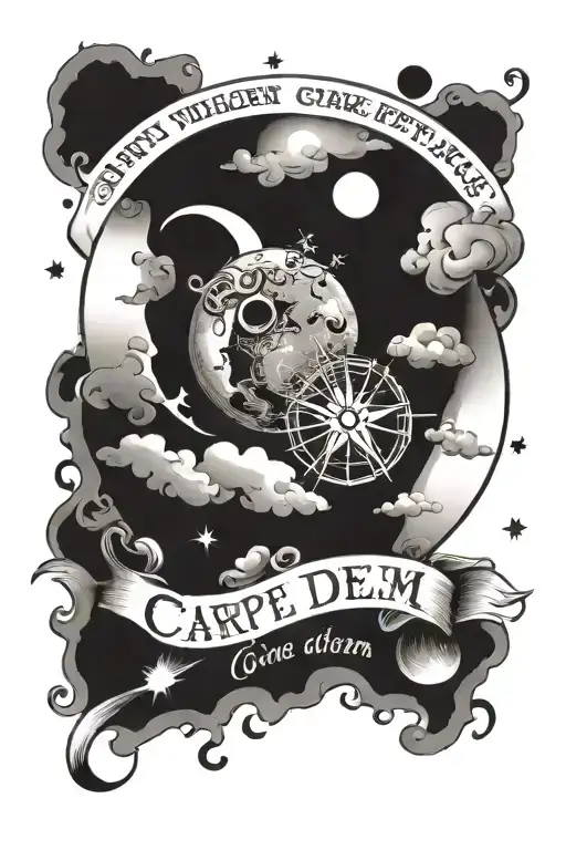 The words Carpe diem wraping around the sun and the words carpe noctem wraping around the moon with icuras falling  tattoo design idea