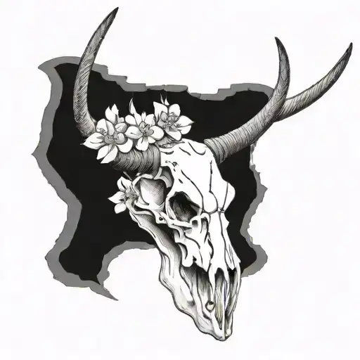 realistic longhorn skull with cherry blossoms no background  tattoo design idea