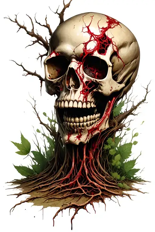 grim skull with rotting nature  tattoo design idea