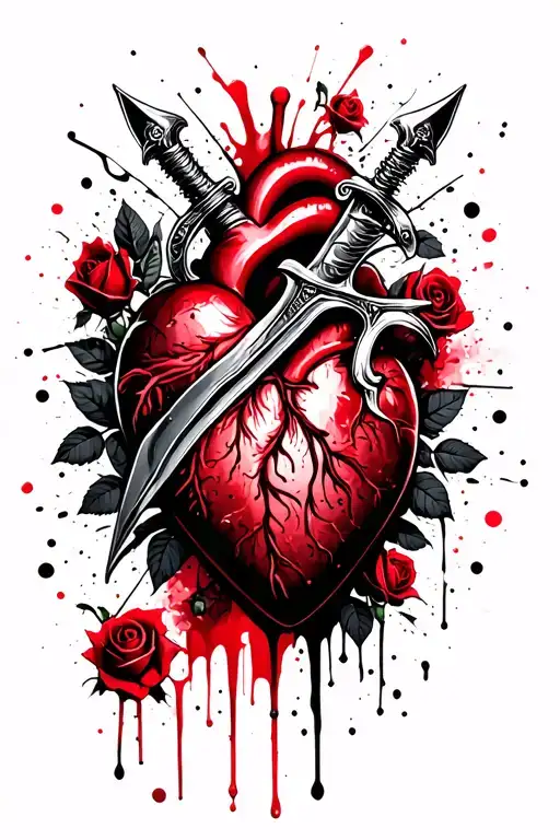 dagger stabbing heart and roses wrapped tightly tattoo design idea