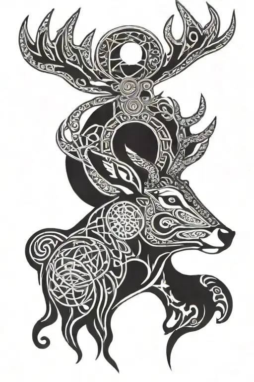 Male deer head with druidic and celtic symbols adorning it, with heavy moon imagery, with the phases of the moon chart s tattoo design idea