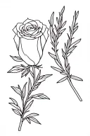 cute simple design of a rose and rosemary sprig side by side fine line black and white tattoo for girls  tattoo design idea