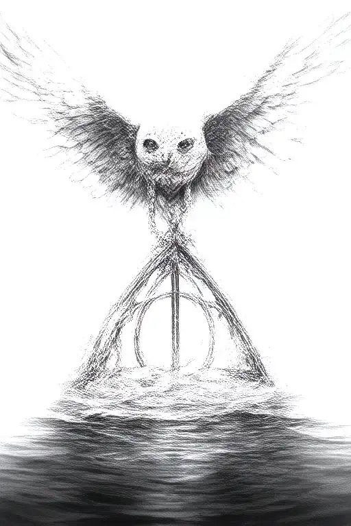 Deathly Hallows symbol as a pendant in rippling water. The chain is held by Hedwig, the owl, flying above the water tattoo design idea