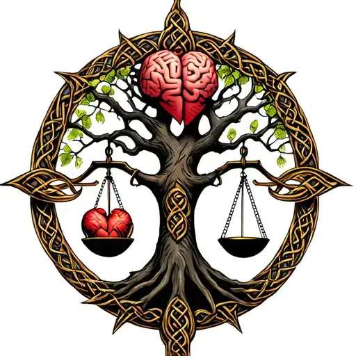 a celtic tree of life with a set of scales in front of and seperate with a heart on one scale and a brain on the other  tattoo design idea