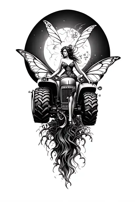 tractor and fairy surrounded tattoo design idea