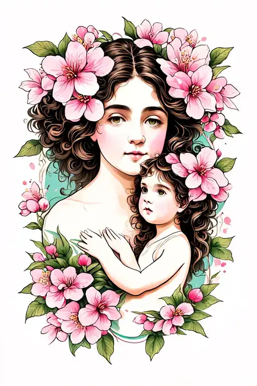 mother child symbol cherry blossom tattoo design idea