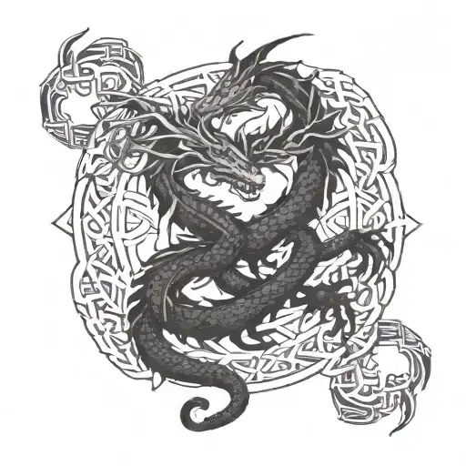 A mythical dragon with two heads intertwined with intricate Celtic knots tattoo design idea