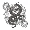 A mythical dragon with two heads intertwined with intricate Celtic knots tattoo design idea