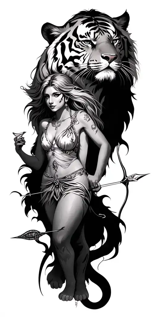 a male and female tiger leo with a female sagitarius woman with a bow and arrow tattoo design idea