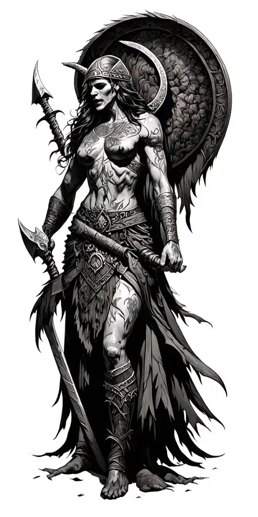 Valkyrie lifting dead viking, battleszene, dark pine forest, dark clouds tattoo design idea