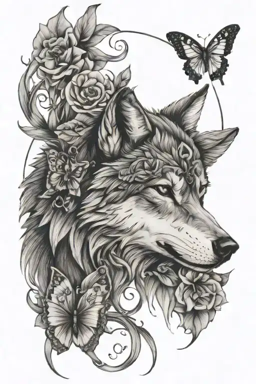 wolf and butterfly   tattoo design idea