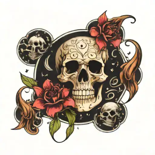 tarot card design, shouting skull, moon, petals floating tattoo design idea