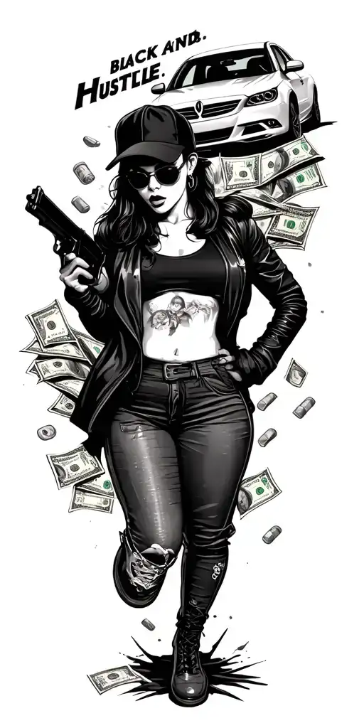 female gangster holding a gun surrounded by money, drugs, a car, and a quotes that says hustle tattoo design idea
