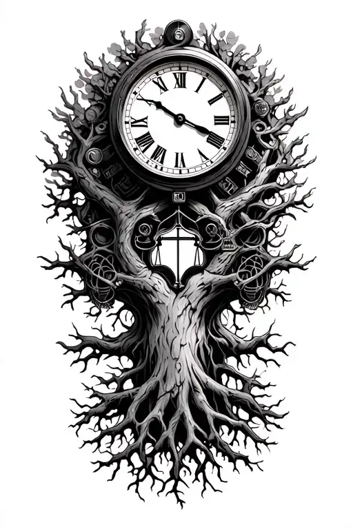 clock, harley engine, midevil tree of life with roots and libra scale intertwined  tattoo design idea