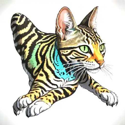 Skinny female tabby cat, blue black green white, spot on face, solid color belly, normal four legs, paws, one tail tattoo design idea