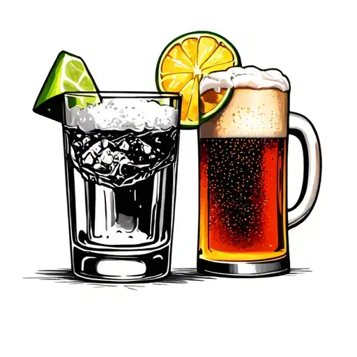 Shot glass of tequila with a draft beer next to it tattoo design idea