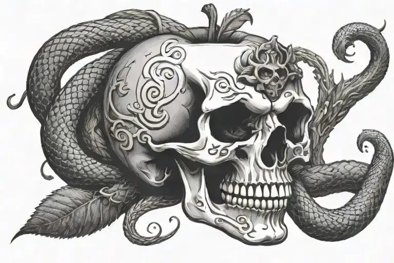 skull in the shape of an apple surrounded by a snake with its mouth aggressively bent tattoo design idea