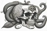 skull in the shape of an apple surrounded by a snake with its mouth aggressively bent tattoo design idea