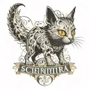 combine schrödinger's cat with the chaos theory and fractals of it and the text "scientia vincere tenebras" tattoo design idea