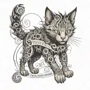 combine schrödinger's cat with the chaos theory and fractals of it and the text "scientia vincere tenebras" tattoo design idea