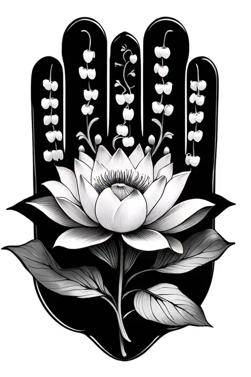 buddha, hamsa hand, lily of the valley flower, lotus flower tattoo design idea